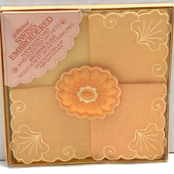Vintage Swiss Embroidered Handkerchief Scented Sachet Set 100% Cotton Peach READ - Picture 10 of 12